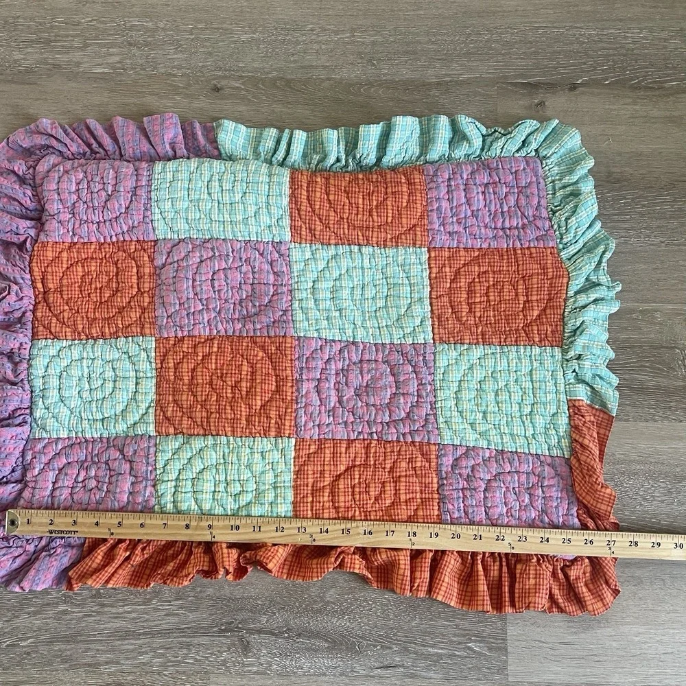 Vintage Patchwork Quilted Pillow Throws Ruffle Edge Cottage Core Plaid Standard